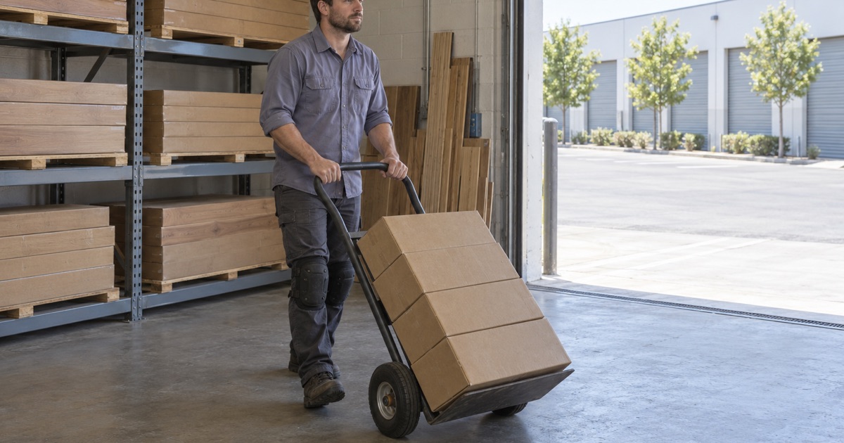 Worker wheeling a hand truck of new flooring cartons through a small wood flooring shop near Lakewood.