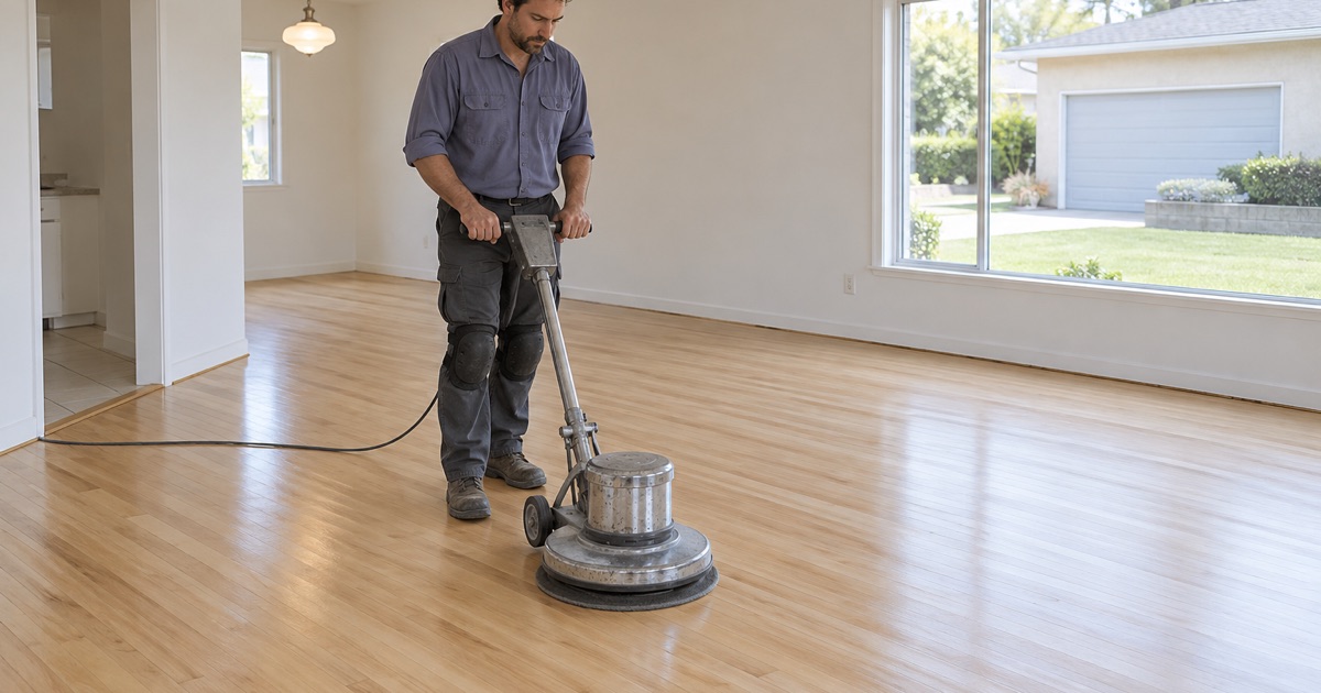 Worker buffing between finish coats on a sanded 1950s hardwood floor in a Lakewood tract house living room.