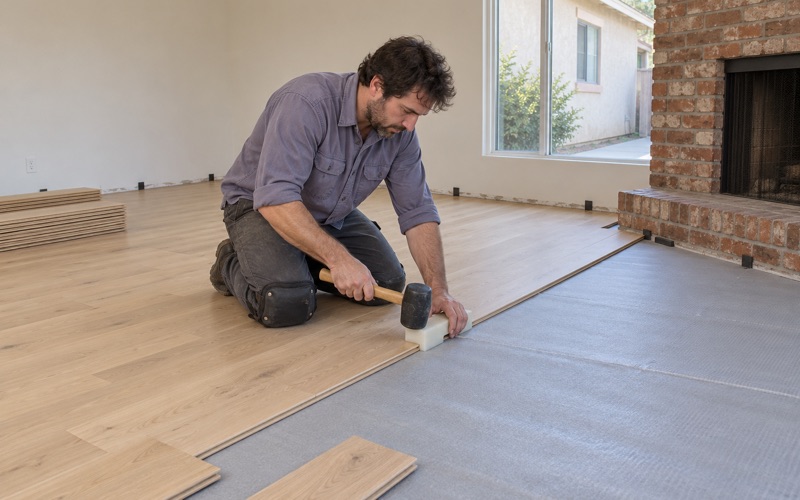 Worker tapping a wide engineered white oak plank tight into a floating floor in a Lakewood family room.