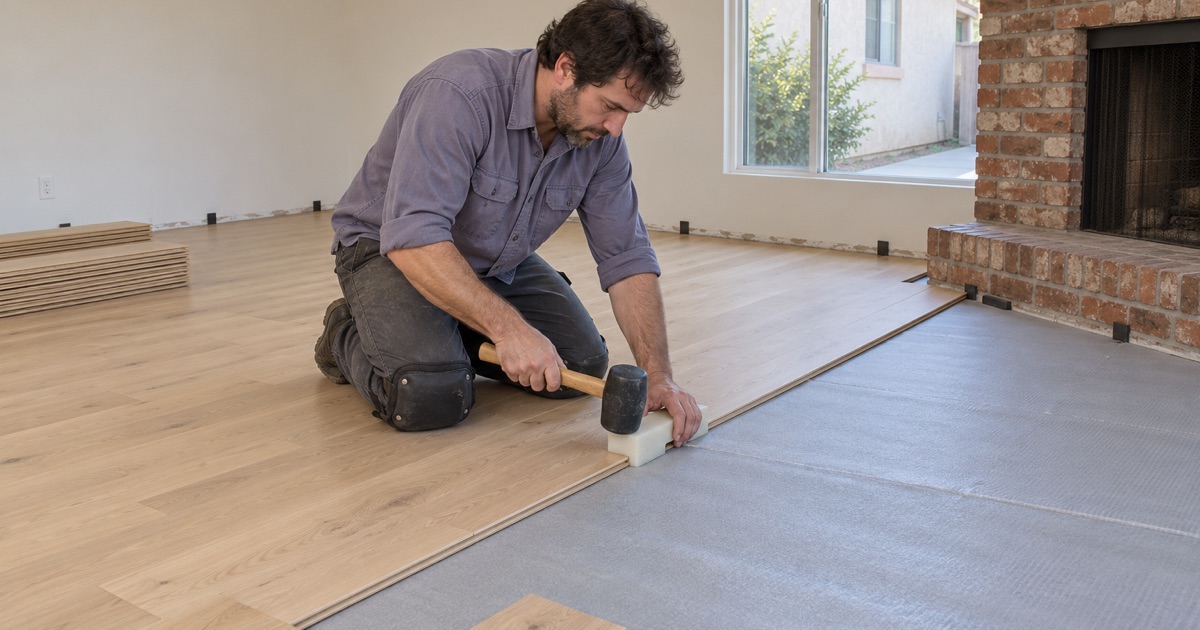 Worker tapping a wide engineered white oak plank tight into a floating floor in a Lakewood family room.