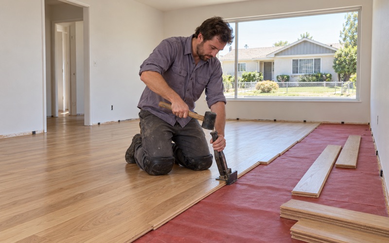 Worker nailing a new white oak strip through its tongue with a manual flooring nailer in a Lakewood living room.