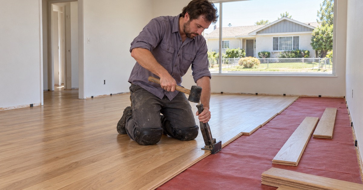 Worker nailing a new white oak strip through its tongue with a manual flooring nailer in a Lakewood living room.