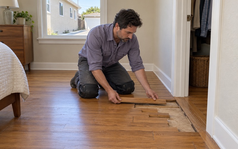 Worker lowering a matching replacement strip into a staggered weave-in repair in a Lakewood bedroom floor.