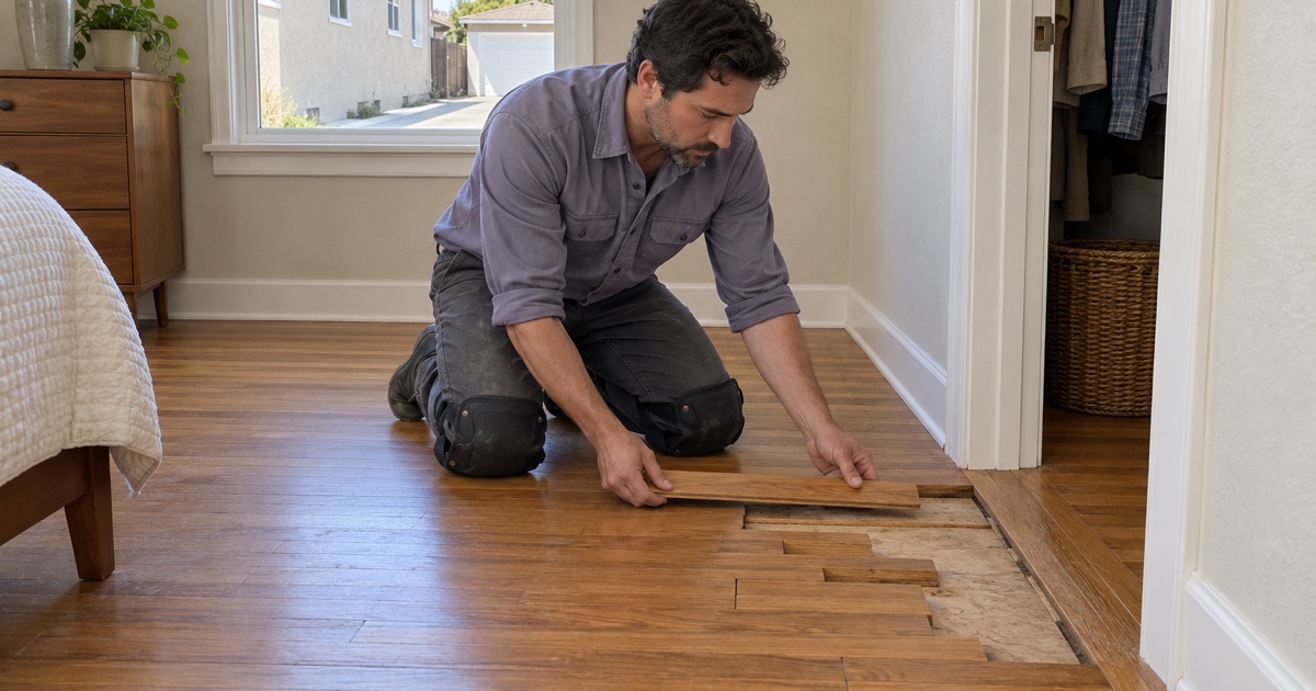 Worker lowering a matching replacement strip into a staggered weave-in repair in a Lakewood bedroom floor.