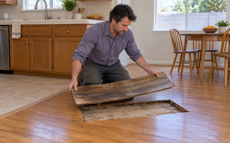 Worker lifting out a cut section of cupped, water-stained hardwood near a kitchen sink in a Lakewood house.