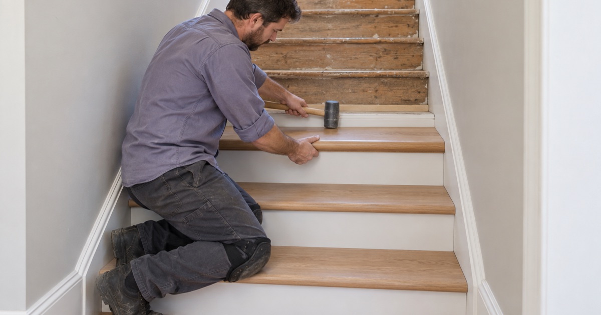 Worker seating a new white oak stair tread with a rounded bullnose edge on a carpet-free staircase.