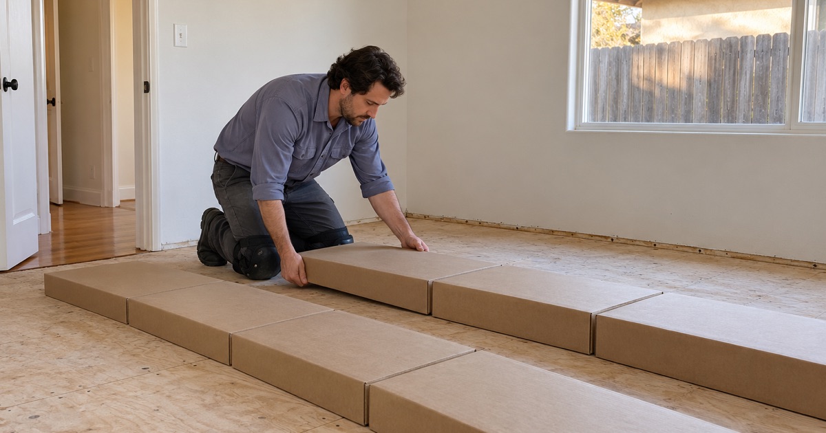 Worker setting down closed cartons of new white oak flooring to acclimate in a bedroom before installation in Lakewood.