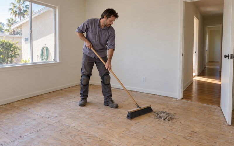 Worker sweeping a bare plywood subfloor clean after the carpet came up, ready for new hardwood in a Lakewood bedroom.