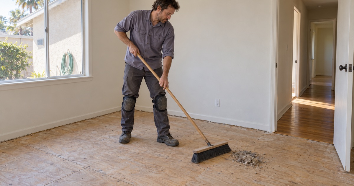 Worker sweeping a bare plywood subfloor clean after the carpet came up, ready for new hardwood in a Lakewood bedroom.