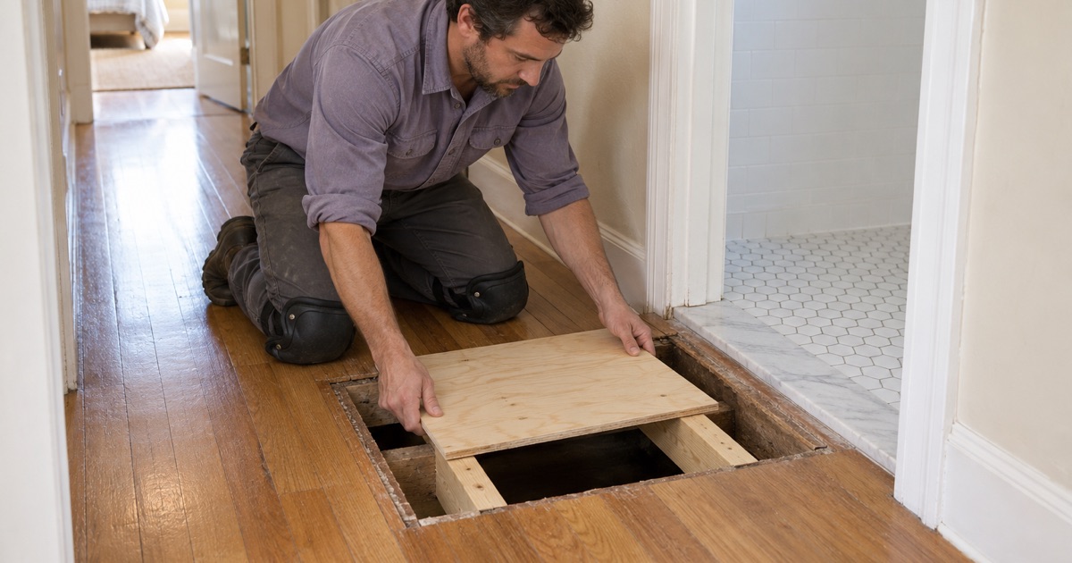 Worker lowering a new plywood subfloor patch onto the joists under an opened bathroom-doorway floor in a Lakewood house.