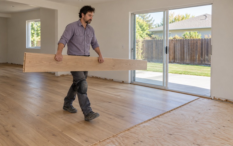 Worker carrying a long wide white oak plank to the leading row of a new wide plank floor in a Lakewood great room.