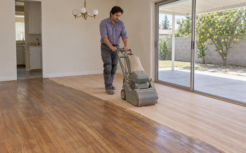 Worker drum-sanding the old finish off a hardwood strip floor in the dining room of a Lakewood tract house.
