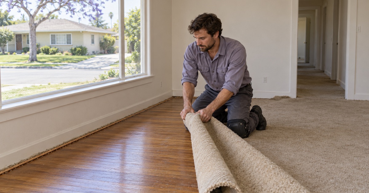 Worker folding back old wall-to-wall carpet to uncover the original 1950s hardwood strip floor in a Lakewood living room.